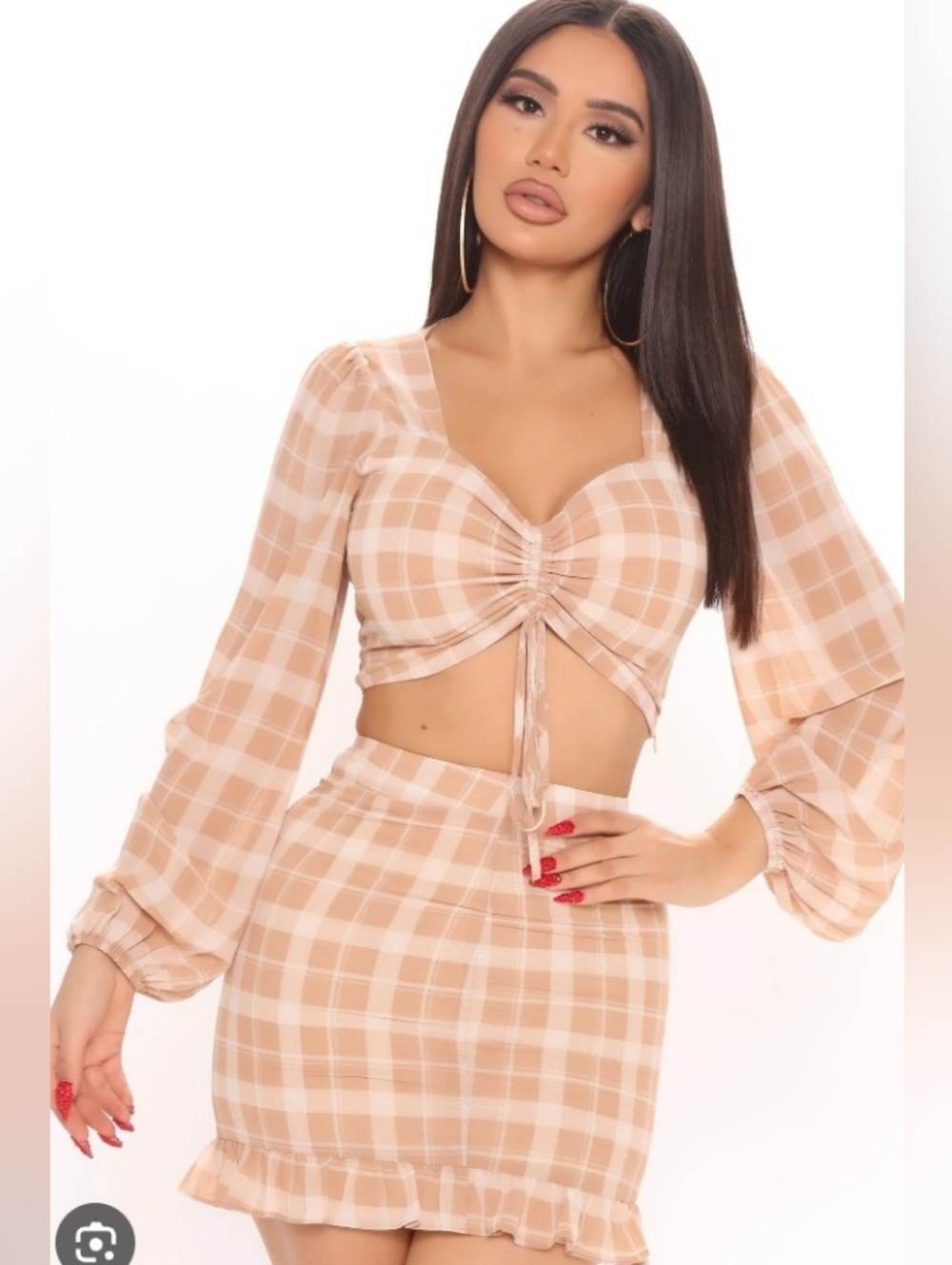 FN Taupe Plaid Ruched Crop Top & Skirt Set